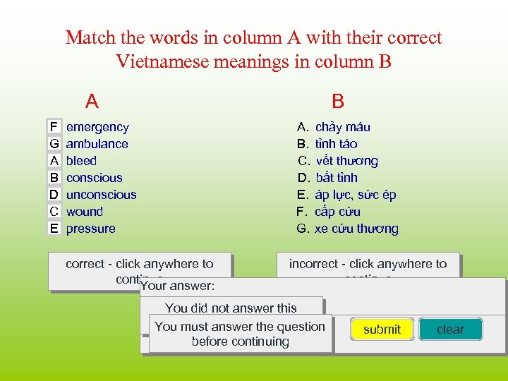 Match the words in column A with their correct Vietnamese meanings in column B