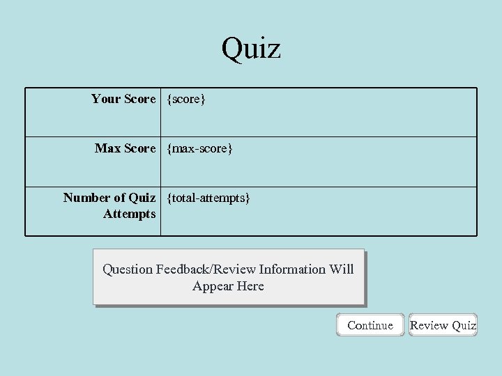 Quiz Your Score {score} Max Score {max-score} Number of Quiz {total-attempts} Attempts Question Feedback/Review