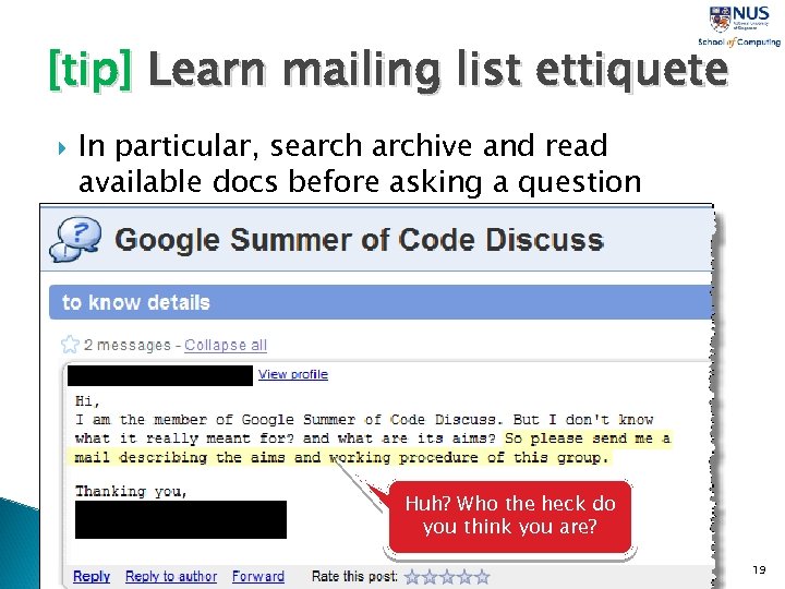 [tip] Learn mailing list ettiquete In particular, searchive and read available docs before asking