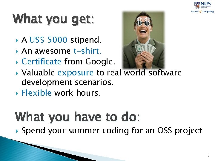 What you get: A US$ 5000 stipend. An awesome t-shirt. Certificate from Google. Valuable