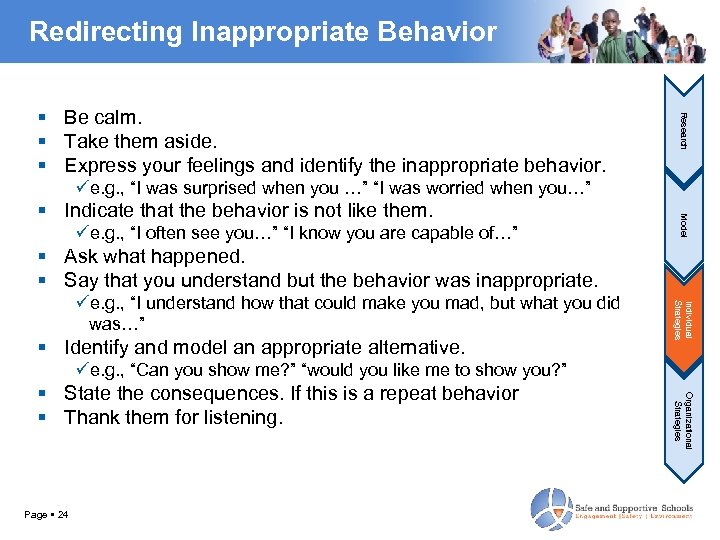 Redirecting Inappropriate Behavior Research Be calm. Take them aside. Express your feelings and identify