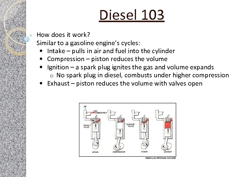 Diesel 103 How does it work? Similar to a gasoline engine’s cycles: • Intake