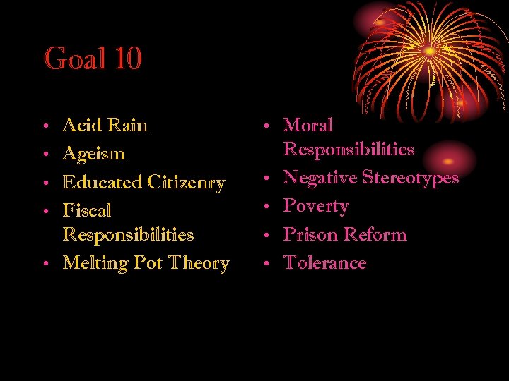 Goal 10 • • Acid Rain Ageism Educated Citizenry Fiscal Responsibilities • Melting Pot