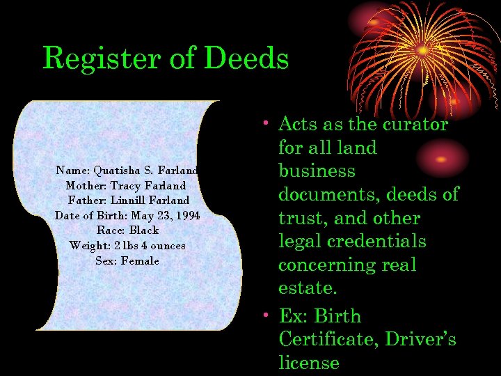 Register of Deeds Name: Quatisha S. Farland Mother: Tracy Farland Father: Linnill Farland Date