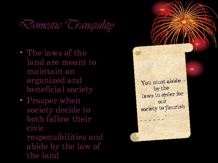 Domestic Tranquility • The laws of the land are meant to maintain an organized