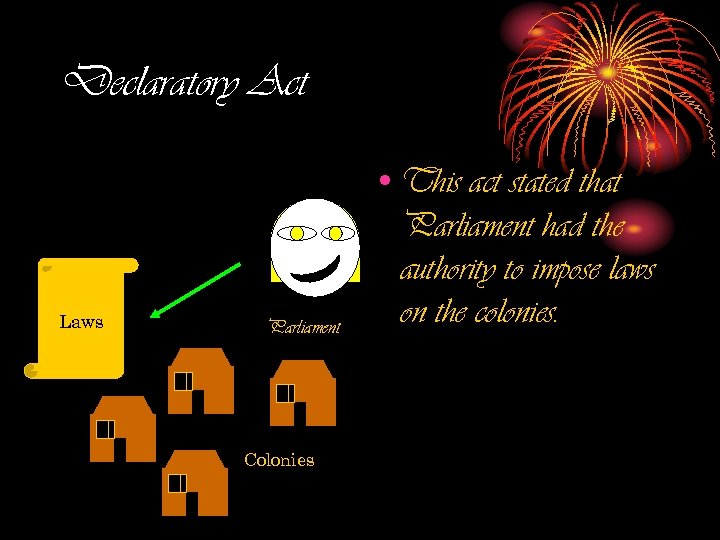 Declaratory Act Laws Parliament Colonies • This act stated that Parliament had the authority