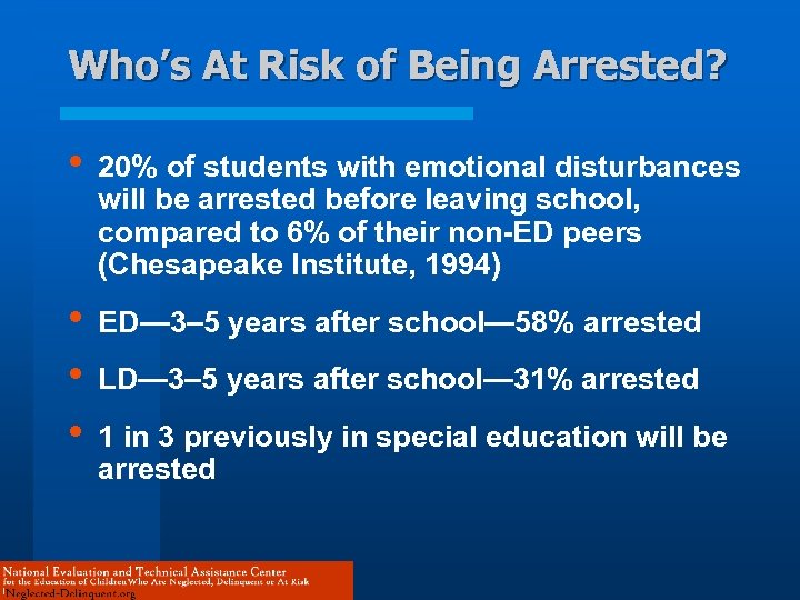 Who’s At Risk of Being Arrested? • 20% of students with emotional disturbances will