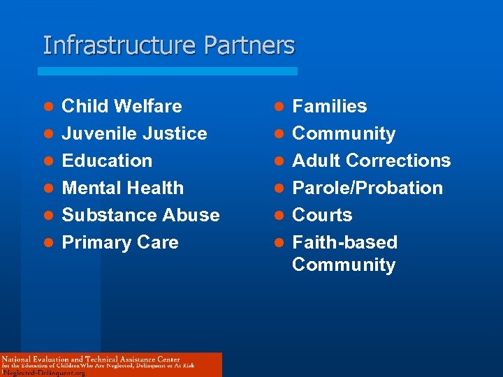 Infrastructure Partners l l l Child Welfare Juvenile Justice Education Mental Health Substance Abuse