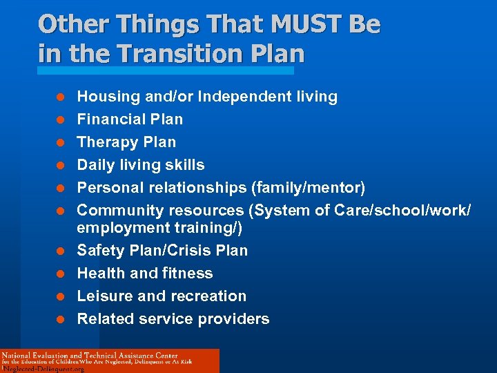 Other Things That MUST Be in the Transition Plan l l l l l