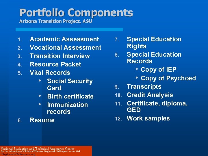 Portfolio Components Arizona Transition Project, ASU 1. 2. 3. 4. 5. 6. Academic Assessment