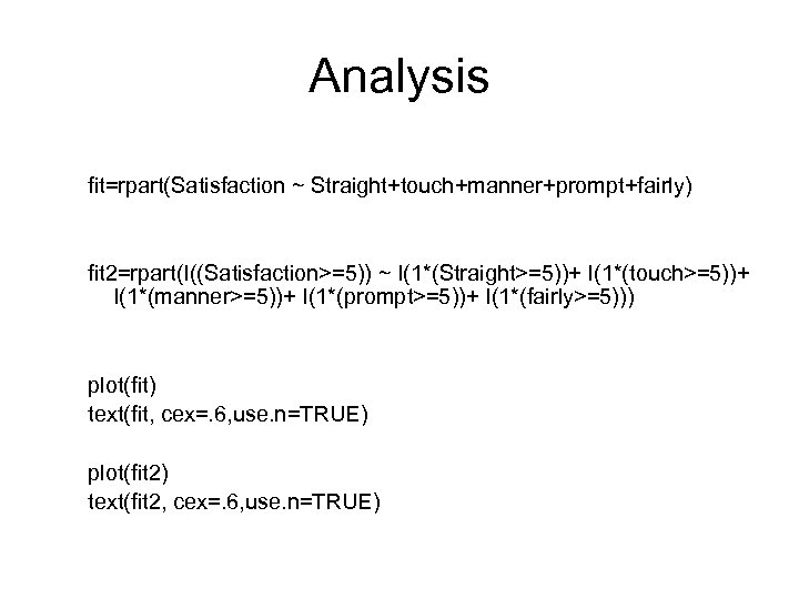 Analysis fit=rpart(Satisfaction ~ Straight+touch+manner+prompt+fairly) fit 2=rpart(I((Satisfaction>=5)) ~ I(1*(Straight>=5))+ I(1*(touch>=5))+ I(1*(manner>=5))+ I(1*(prompt>=5))+ I(1*(fairly>=5))) plot(fit) text(fit,