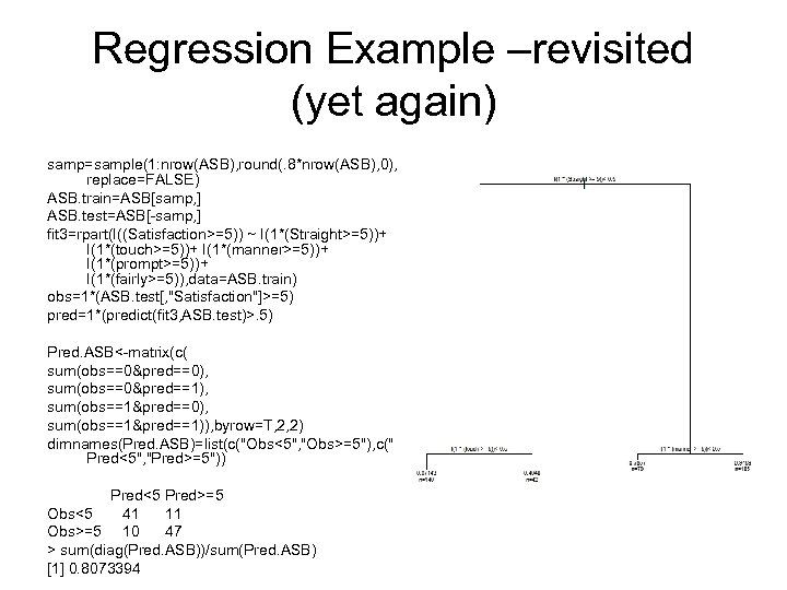 Regression Example –revisited (yet again) samp=sample(1: nrow(ASB), round(. 8*nrow(ASB), 0), replace=FALSE) ASB. train=ASB[samp, ]