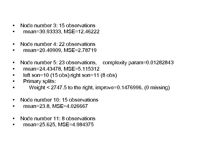  • • Node number 3: 15 observations mean=30. 93333, MSE=12. 46222 • •