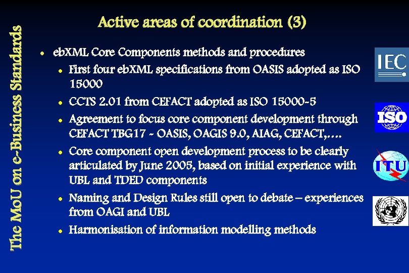The Mo. U on e-Business Standards Active areas of coordination (3) l eb. XML