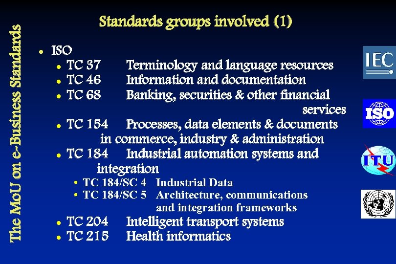 The Mo. U on e-Business Standards groups involved (1) l ISO l TC 37