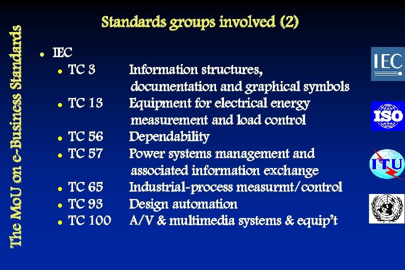 The Mo. U on e-Business Standards groups involved (2) l IEC l TC 3