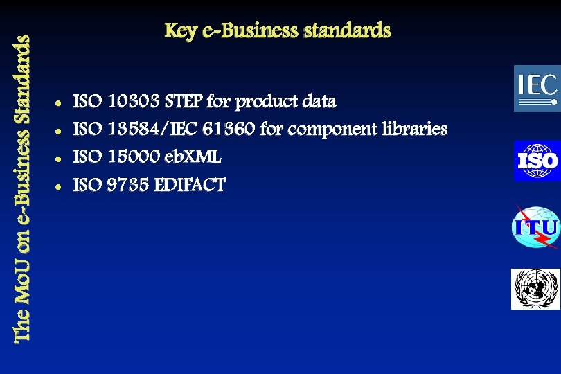 The Mo. U on e-Business Standards Key e-Business standards l l ISO 10303 STEP