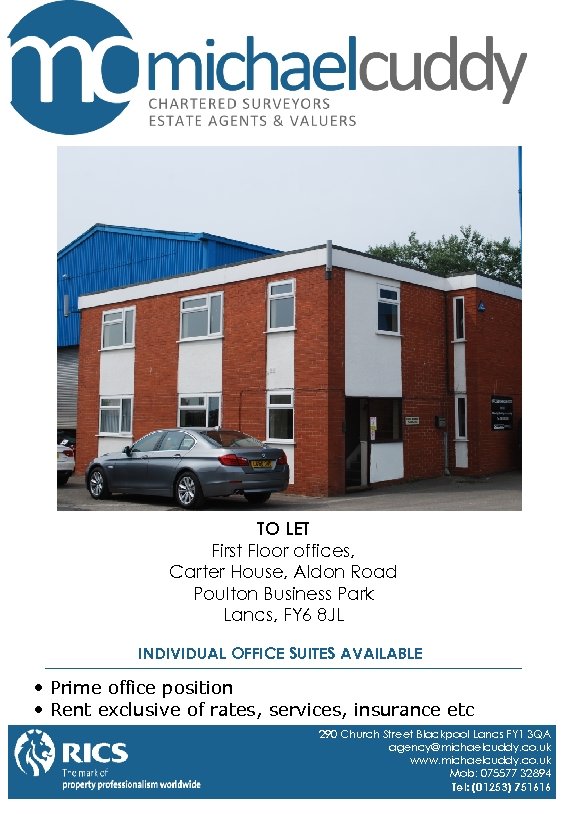 TO LET First Floor offices, Carter House, Aldon Road Poulton Business Park Lancs, FY