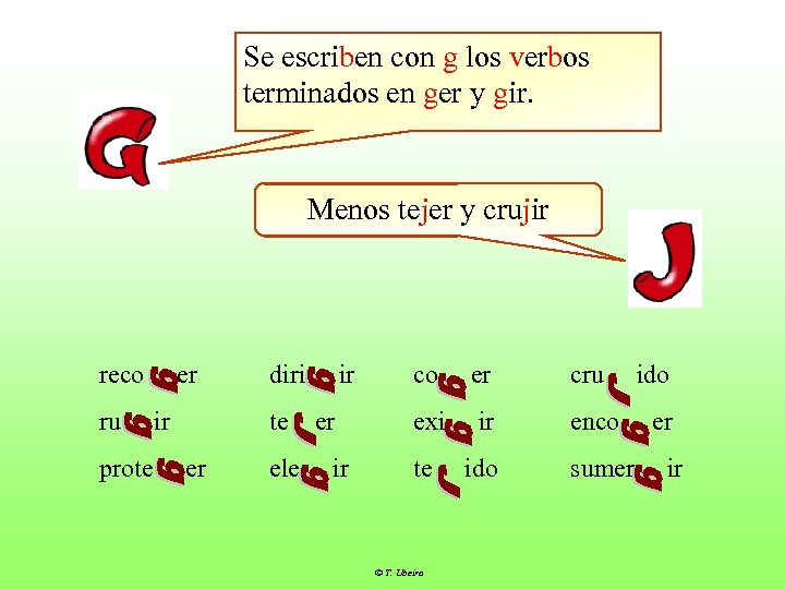 Se escriben con g los verbos terminados en ger y gir. Menos tejer y