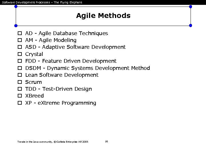 Software Development Processes – The Flying Elephant Agile Methods AD - Agile Database Techniques