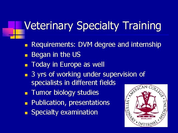 Veterinary Specialty Training n n n n Requirements: DVM degree and internship Began in