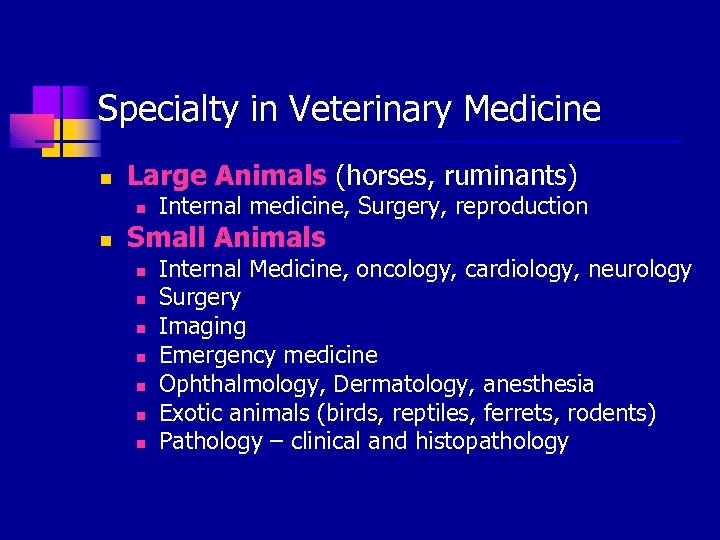 Specialty in Veterinary Medicine n Large Animals (horses, ruminants) n n Internal medicine, Surgery,