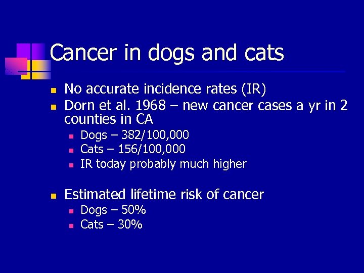 Cancer in dogs and cats n n No accurate incidence rates (IR) Dorn et