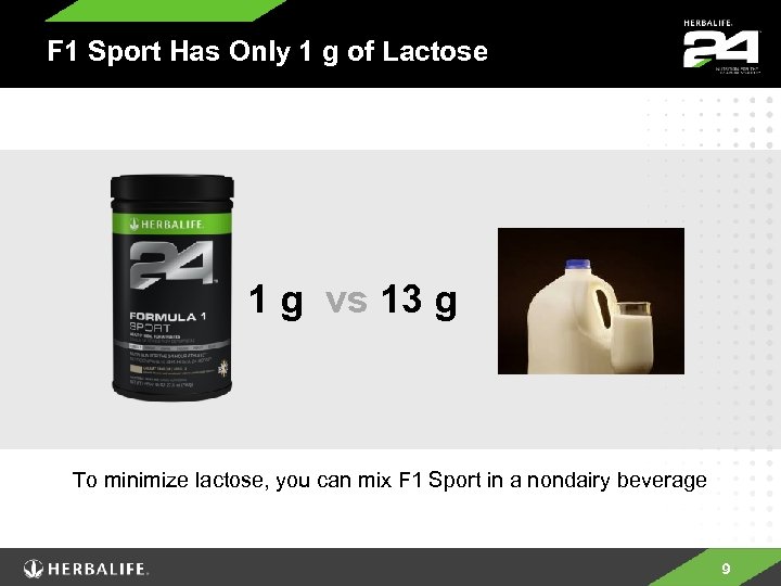 F 1 Sport Has Only 1 g of Lactose 1 g vs 13 g