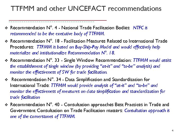 TTFMM and other UNCEFACT recommendations v v v Recommendation N°. 4 - National Trade