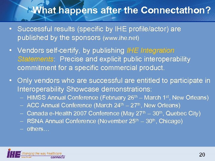 What happens after the Connectathon? • Successful results (specific by IHE profile/actor) are published