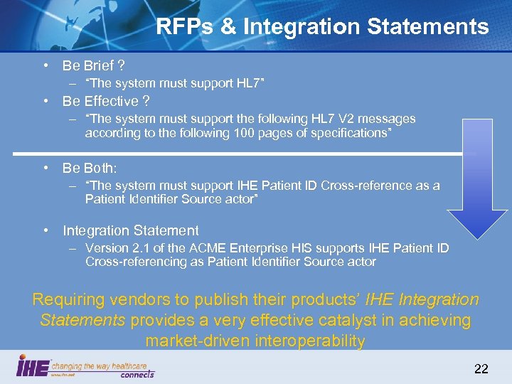 RFPs & Integration Statements • Be Brief ? – “The system must support HL