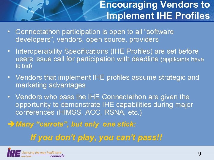 Encouraging Vendors to Implement IHE Profiles • Connectathon participation is open to all “software