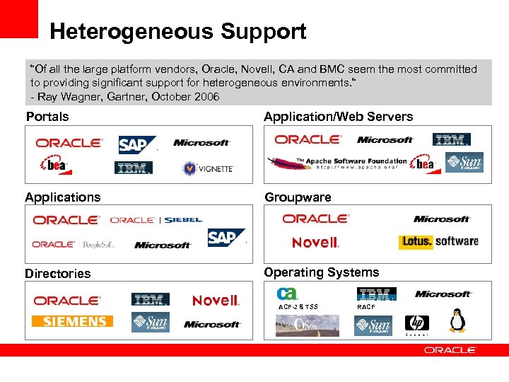 Heterogeneous Support “Of all the large platform vendors, Oracle, Novell, CA and BMC seem