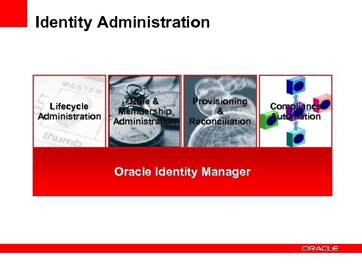 Identity Administration Lifecycle Administration Role & Membership Administration Provisioning & Reconciliation Oracle Identity Manager