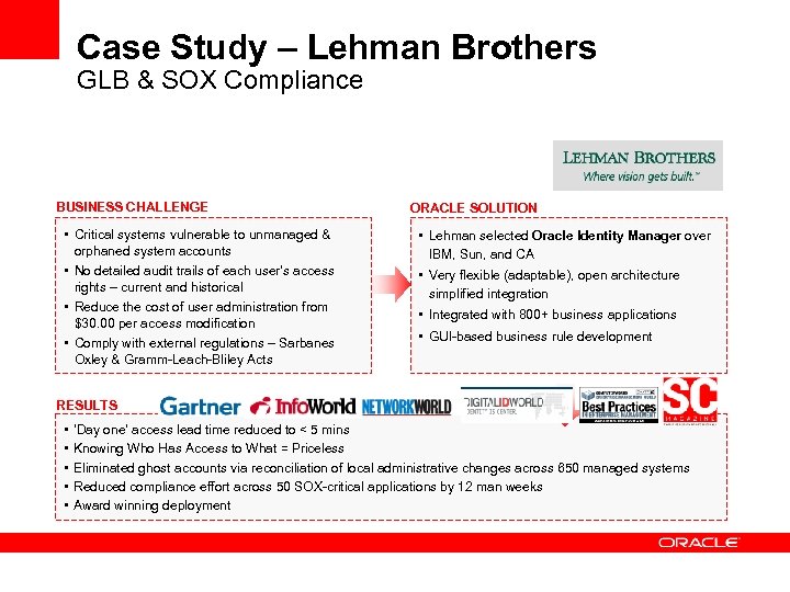 Case Study – Lehman Brothers GLB & SOX Compliance BUSINESS CHALLENGE • Critical systems