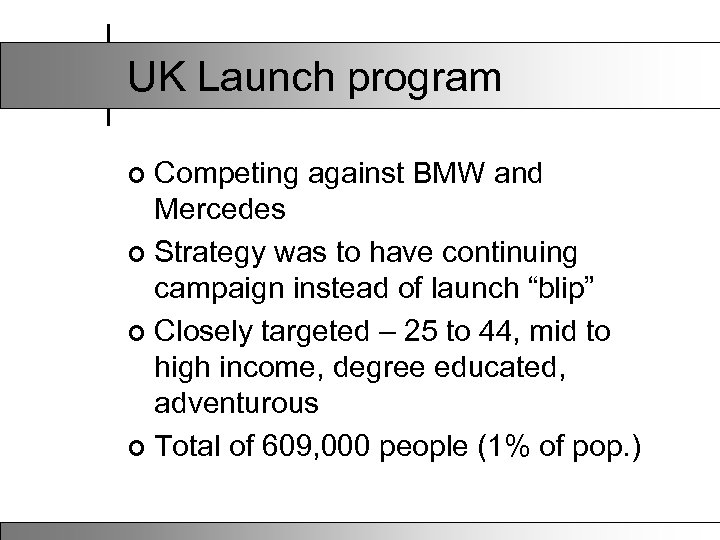 UK Launch program Competing against BMW and Mercedes ¢ Strategy was to have continuing