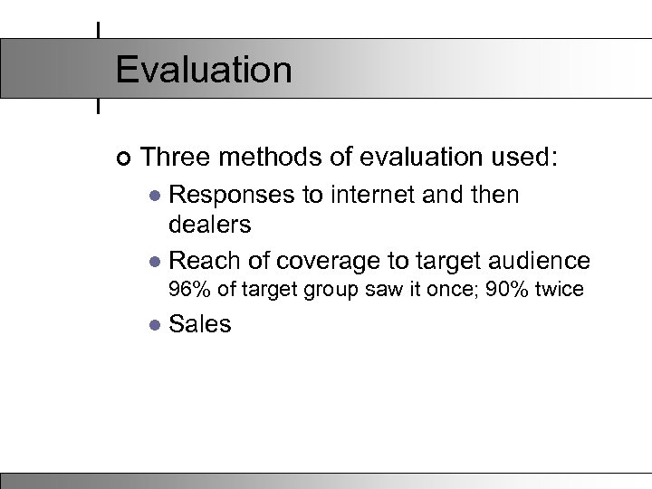 Evaluation ¢ Three methods of evaluation used: Responses to internet and then dealers l