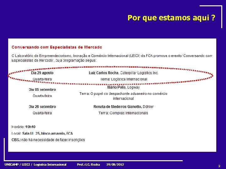 Por que estamos aqui ? UNICAMP / LEICI / Logística Internacional Prof. : LC.