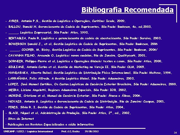 Bibliografia Recomendada - AYRES, Antonio P. S. . Gestão de Logística e Operações. Curitiba: