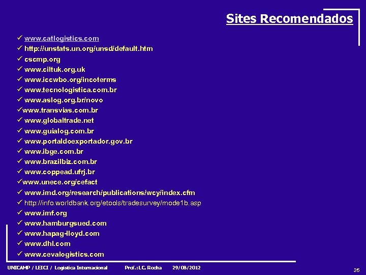 Sites Recomendados ü www. catlogistics. com ü http: //unstats. un. org/unsd/default. htm ü cscmp.