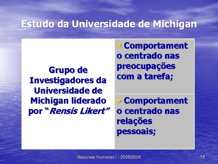 Estudo da Universidade de Michigan • Comportament o centrado nas preocupações com a tarefa;