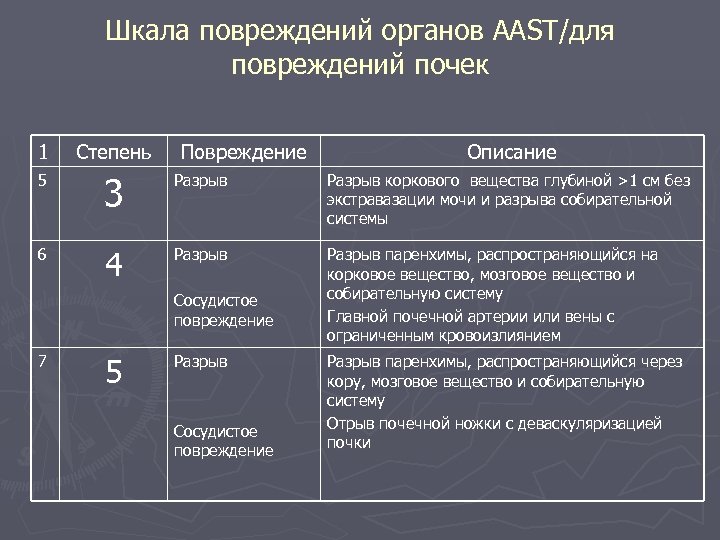 Шкала повреждений органов ААST/для повреждений почек 1 Степень 5 6 Повреждение 3 Разрыв коркового