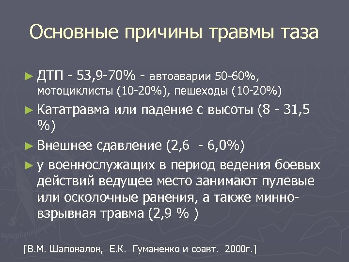 Основные причины травмы таза ► ДТП - 53, 9 -70% - автоаварии 50 -60%,