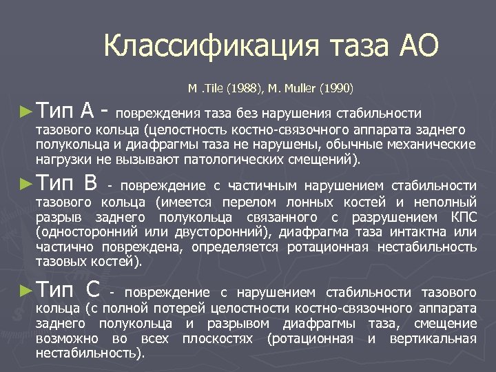 Классификация таза АО M. Tile (1988), M. Muller (1990) ► Тип А - повреждения