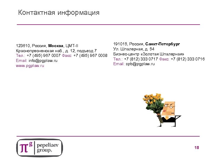 Контактная информация 123610, Россия, Москва, ЦМТ-II Краснопресненская наб. , д. 12, подъезд 7 Тел.