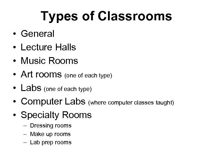 Types of Classrooms • • General Lecture Halls Music Rooms Art rooms (one of
