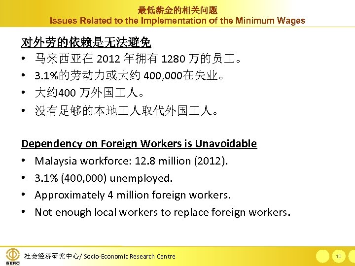 最低薪金的相关问题 Issues Related to the Implementation of the Minimum Wages 对外劳的依赖是无法避免 • 马来西亚在 2012