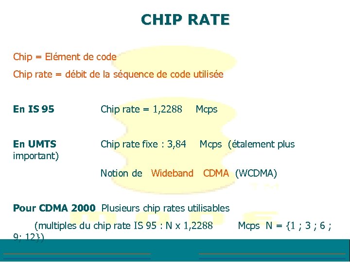 CHIP RATE Chip = Elément de code Chip rate = débit de la séquence