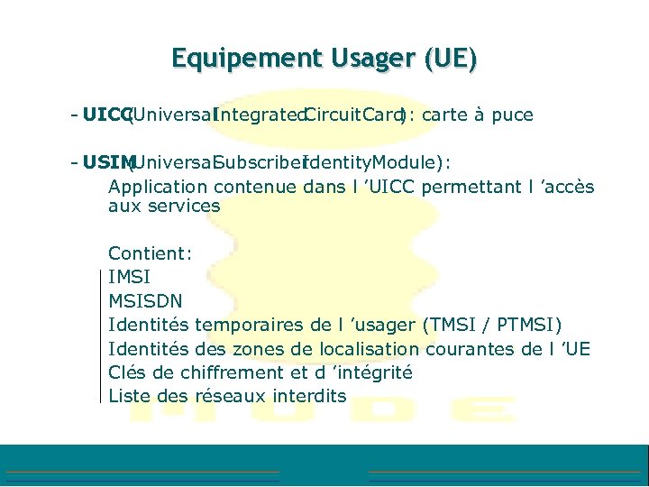 Equipement Usager (UE) - UICC (Universal Integrated Circuit ard C ): carte à puce