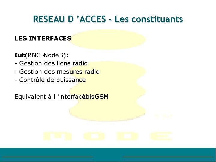 RESEAU D ’ACCES - Les constituants LES INTERFACES Iub (RNC - Node B): -